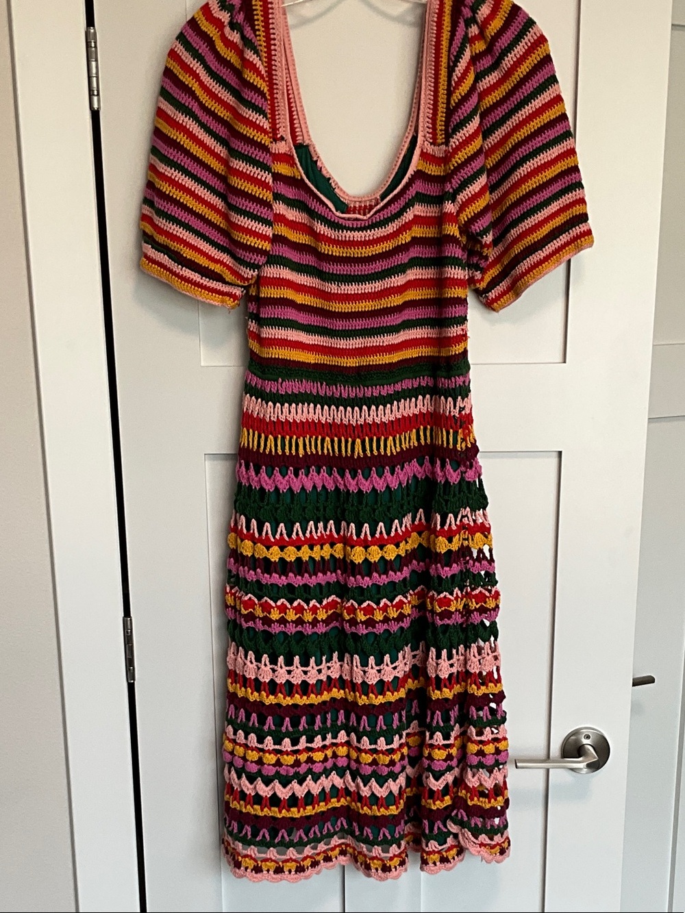 FARM Rio Multicolor Crochet Midi Dress in Pink, Green & Yellow - Picture 6 of 11